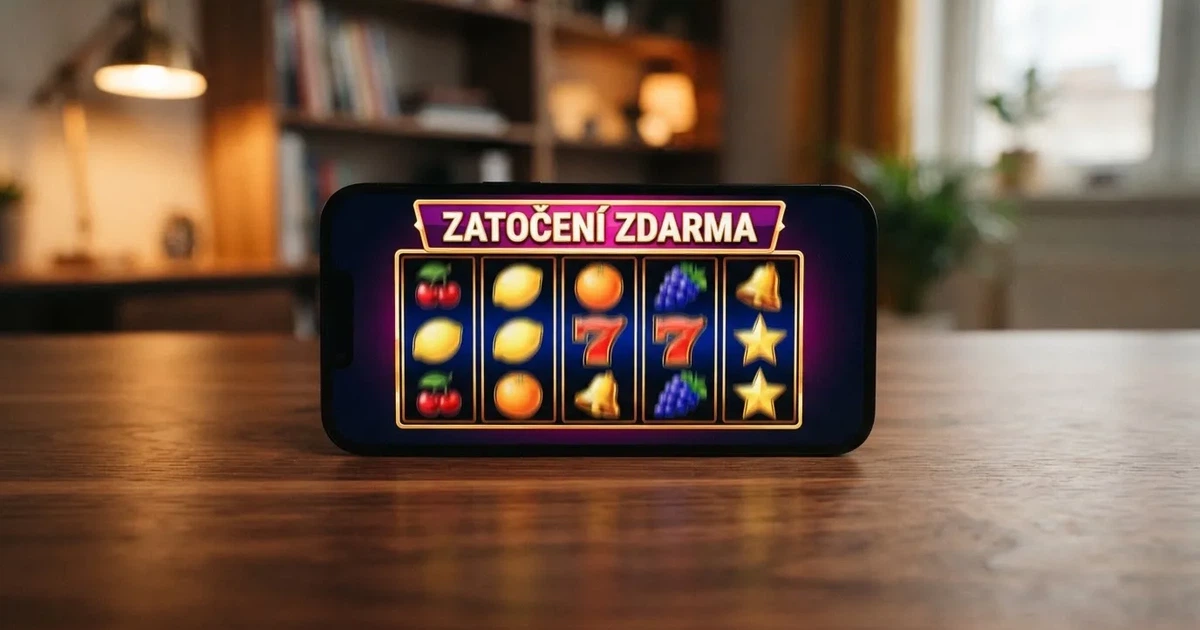 Roztočené válce online automatu s nápisem Free Spins na obrazovce mobilního telefonu