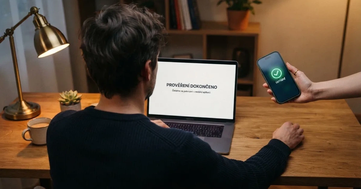Hráč u počítače s mobilem v ruce, na displeji telefonu obrazovka ověření BankID, vedle logo Ministerstva financí ČR.