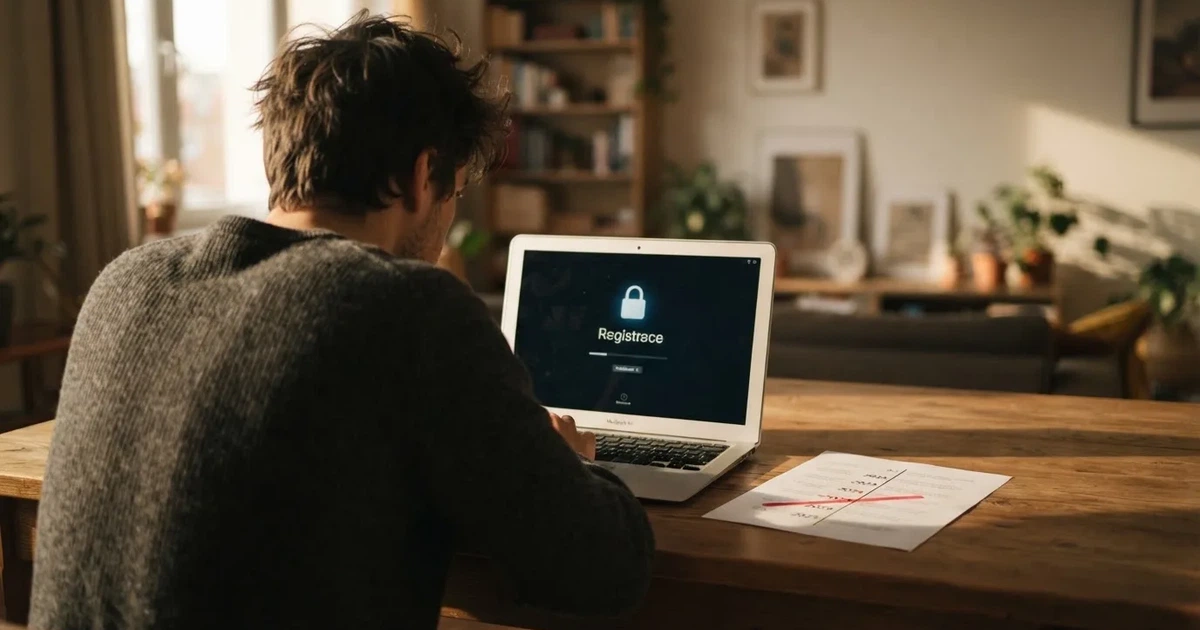 Hráč u notebooku, na obrazovce ikona zámku a nápis „Registrace“ v českém online casinu, vedle kalendář s přeškrtnutým rokem