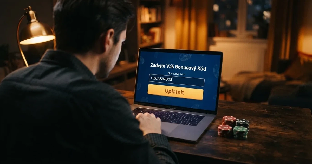 Hráč zadává promo kód na obrazovce notebooku, na pozadí logo licencovaného českého online casina.