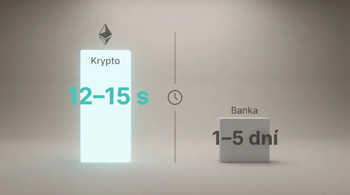 Infografika porovnávající rychlost potvrzení platby: ETH transakce (12–15 sekund) vedle klasického bankovního převodu (1–5 dní)