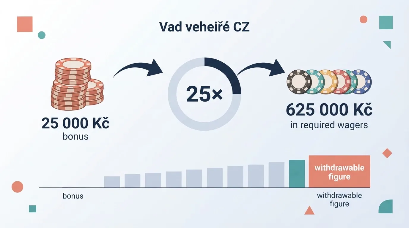 Infografika znázorňující cestu bonusové výhry přes wagering — od připsání bonusu po reálný výběr, s vyznačením stropů a násobitele