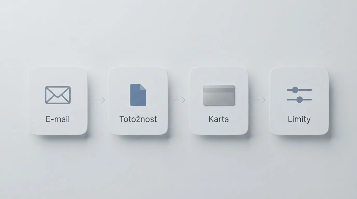 Infografika čtyř kroků registrace: e-mail, doklad totožnosti, platební karta, nastavení limitů — propojené šipkami
