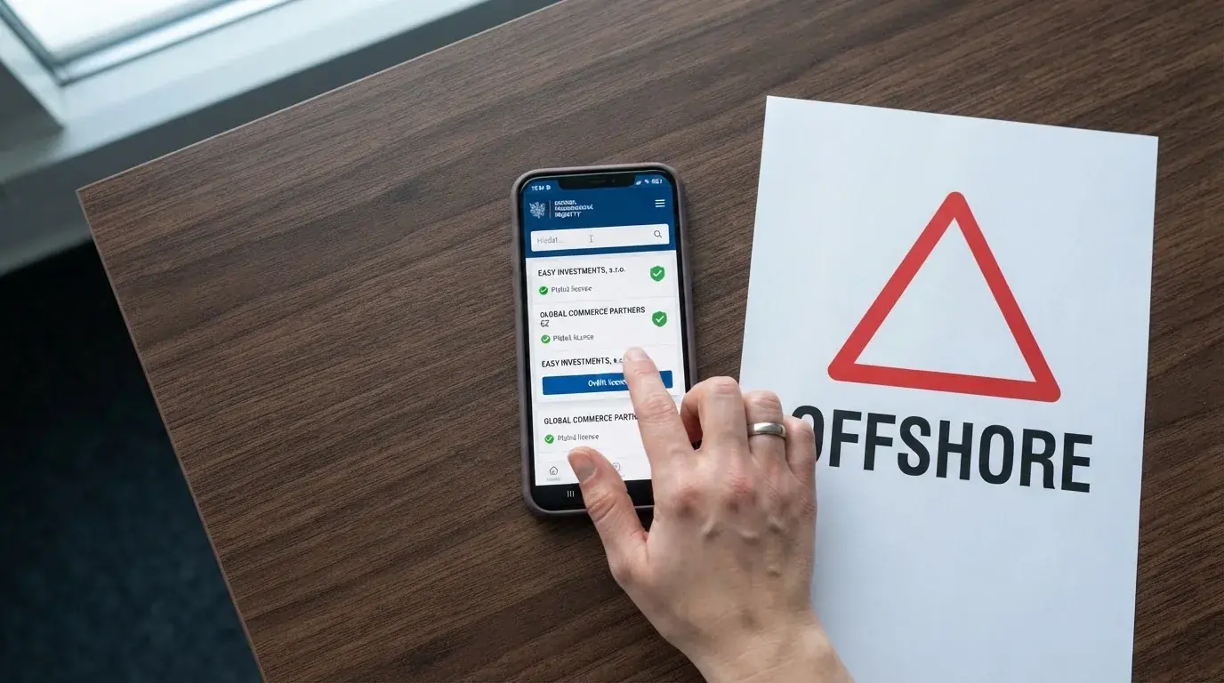 Obrazovka s vyhledáváním v registru Ministerstva financí ČR, vedle výstražný symbol s nápisem offshore.