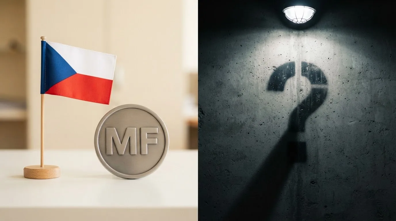 Vizuální kontrast: vlevo logo MF ČR a česká vlajka, vpravo varovný symbol s otazníkem a nápisem offshore
