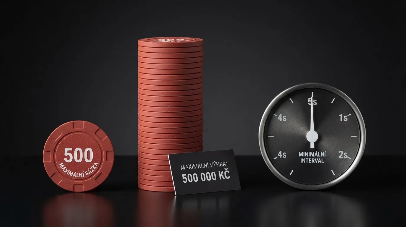 Vizualizace tří zákonných limitů: maximální sázka 500 Kč, maximální výhra 500 000 Kč a časovač ukazující 2 sekundy na jedno zatočení