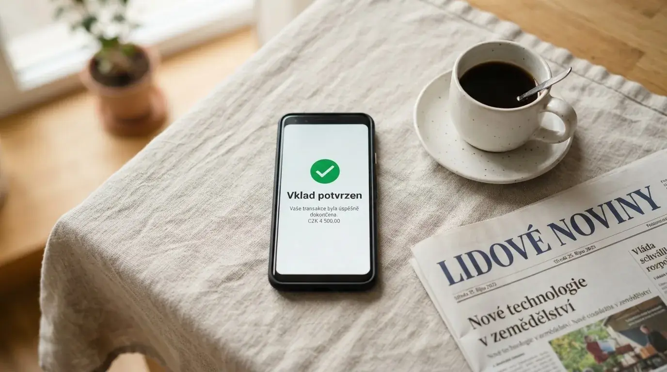 Mobilní telefon zobrazující SMS potvrzení vkladu s logem českého licencovaného kasina