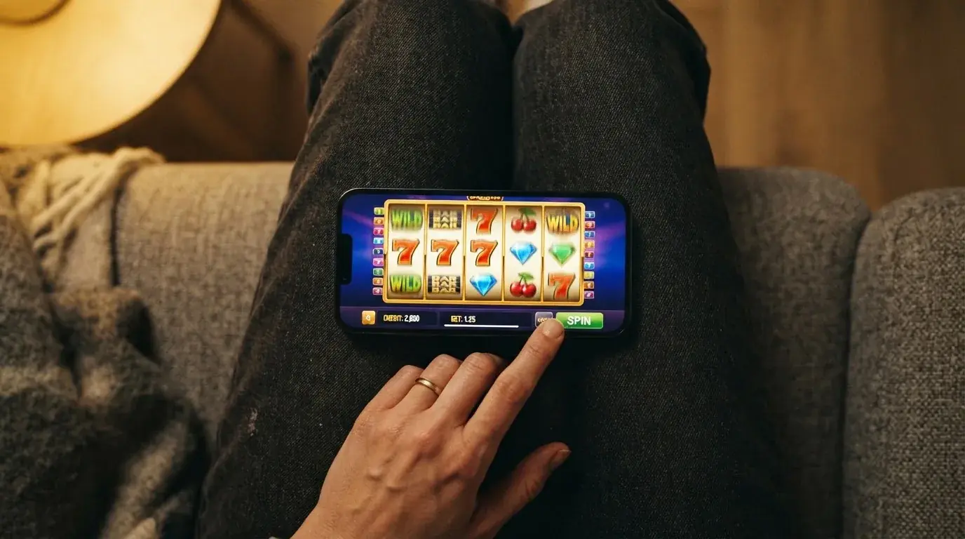 Ruka držící mobilní telefon s roztočeným automatem v prohlížeči, bez instalované aplikace