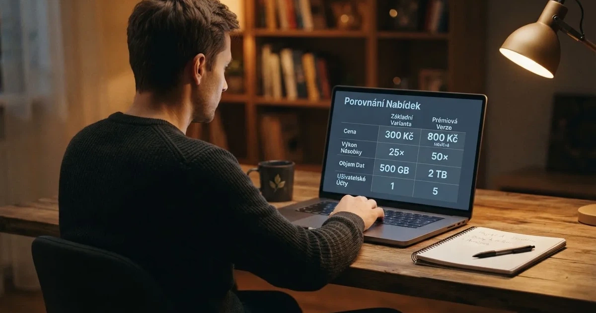 Hráč u notebooku porovnává bonusové nabídky českých online casin — na obrazovce tabulka s čísly a podmínkami