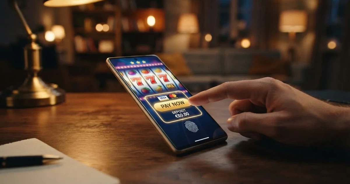 Mobilní telefon s otevřenou stránkou online kasina a ikonou platby Boku na displeji, v pozadí logo operátora
