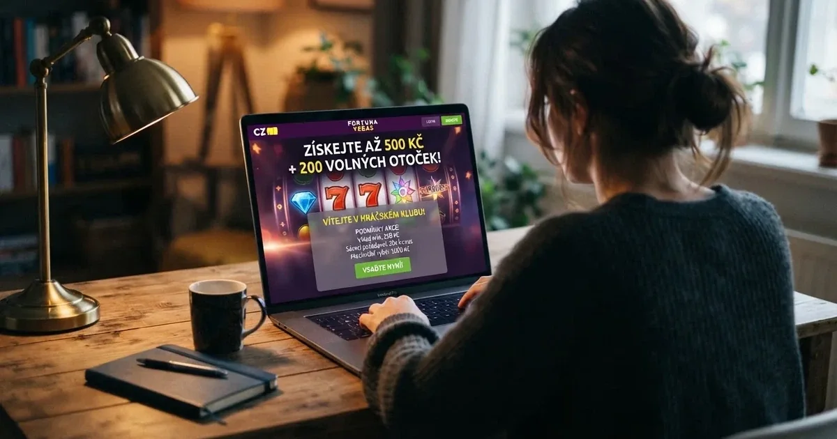 Hráč u notebooku si prohlíží nabídku uvítacího bonusu v českém online kasinu, na obrazovce jsou vidět podmínky protočení a limit výběru