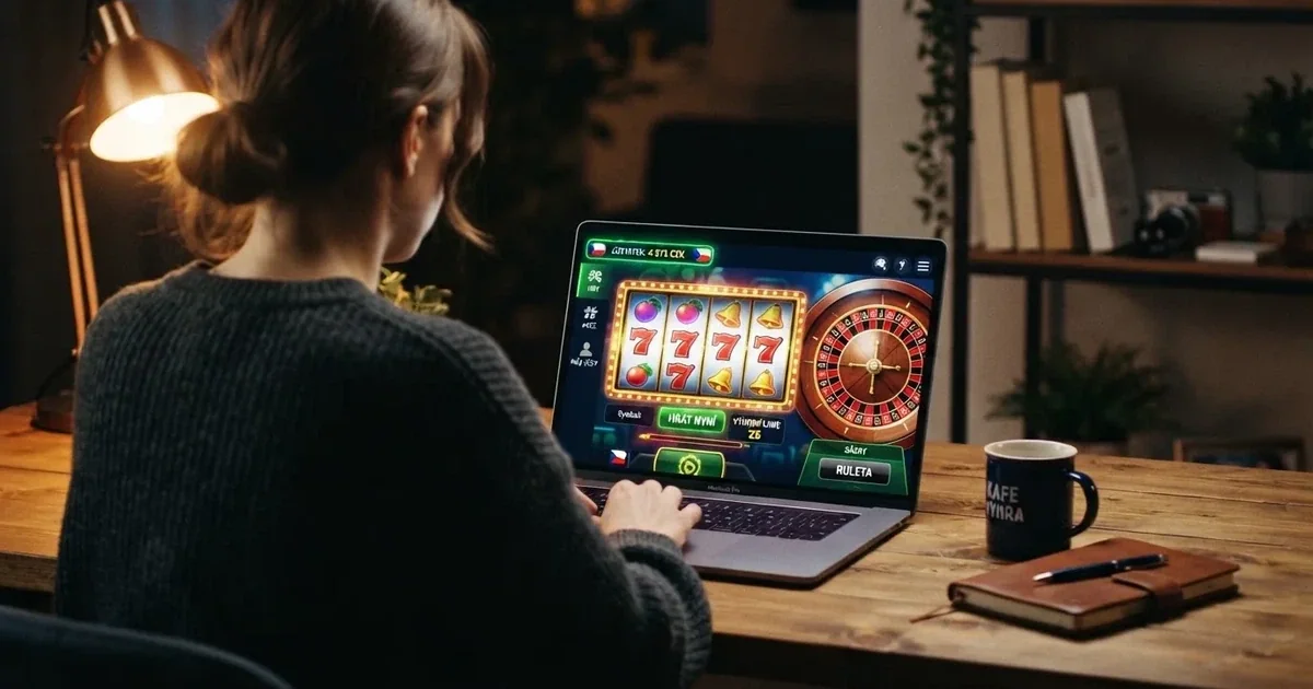 Rozhraní online kasina s automaty, ruletou a ukazatelem zůstatku v českých korunách