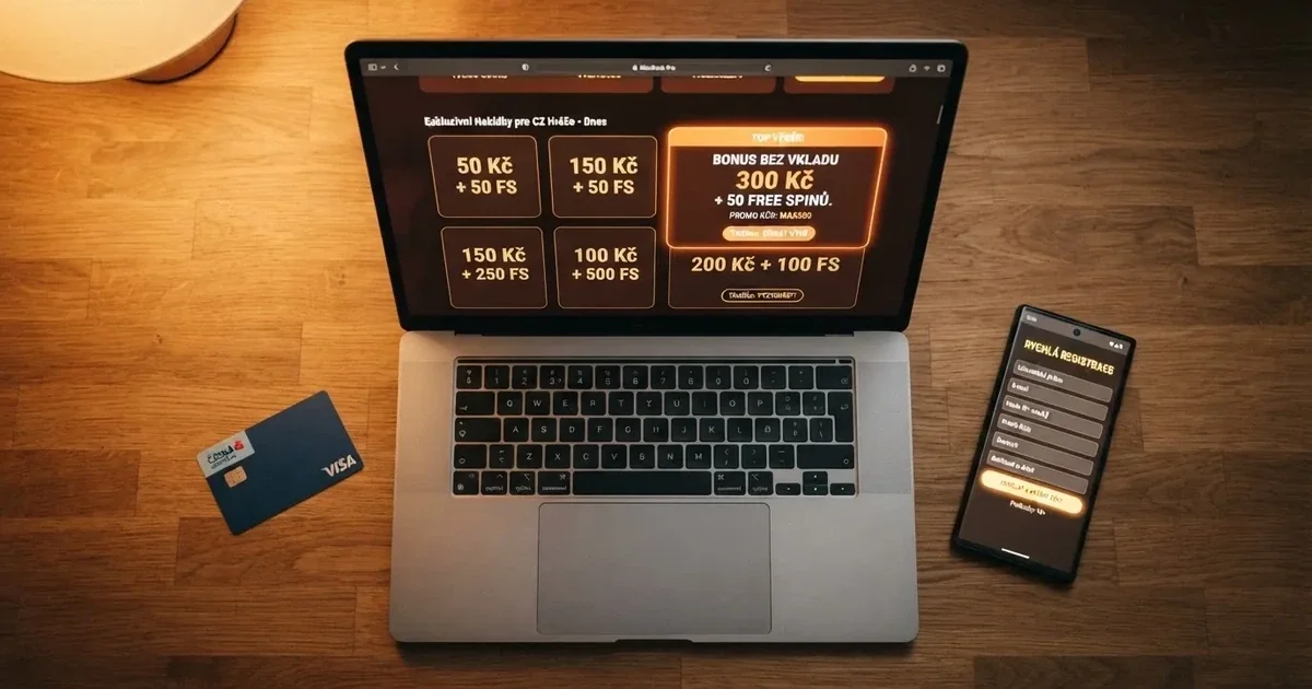 Srovnání deseti online casin s bonusem bez vkladu na obrazovce notebooku, vedle něj česká platební karta a mobil s otevřenou registrací.