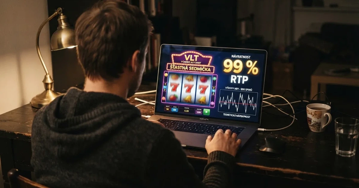 Hráč před obrazovkou s automatem, na kterém svítí RTP 99 % a vedle něj graf ukazující rozptyl výsledků při krátké herní relaci