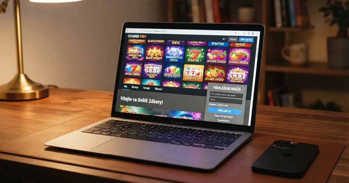 Domovská obrazovka moderního online casina s českou licencí — dlaždice automatů, pole pro přihlášení a logo operátora s doménou .cz