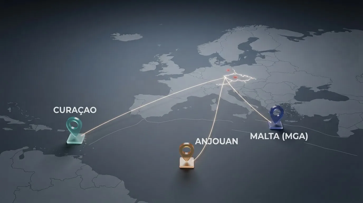 Mapa licenčních jurisdikcí — Curaçao, Anjouan a MGA — pod kterými operátoři přijímající USDT působí mimo dosah českého zákona