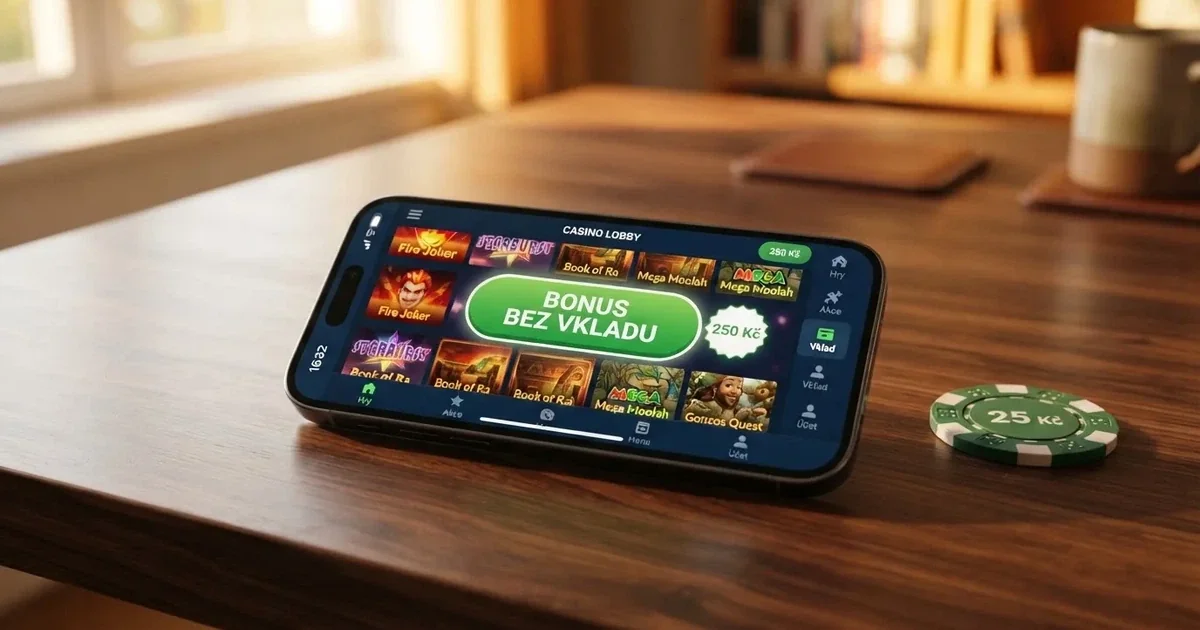 Mobilní telefon s obrazovkou online casina, kde svítí tlačítko „Bonus bez vkladu“ a vedle loga operátora je symbol české licence