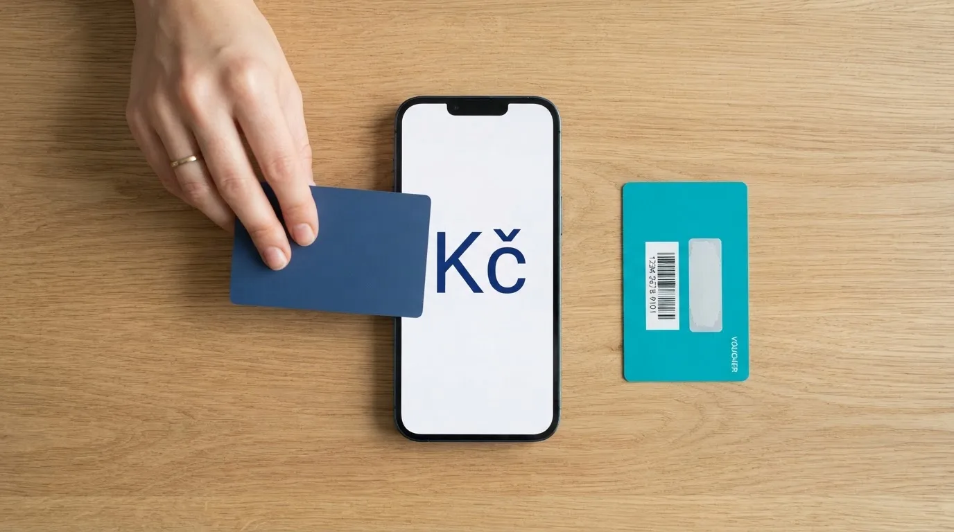 Ruka vkládající platební kartu do notebooku, vedle leží telefon s otevřenou banking aplikací a Paysafecard kupón
