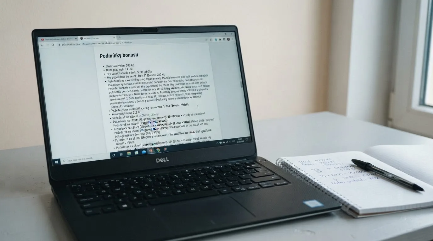 Zblízka detail bonusových podmínek na obrazovce — kurzorem zvýrazněný řádek s požadavkem na protočení 35×, vedle kalkulačka