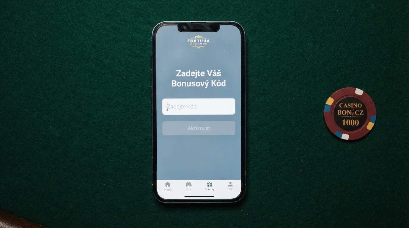 Detail mobilního telefonu s otevřenou sekcí Bonusy v českém online casinu, pole pro zadání kódu je prázdné.