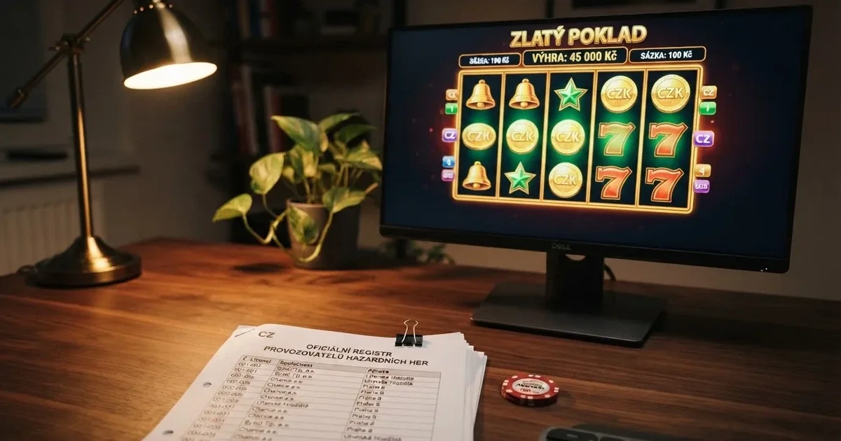 Úvodní stránka českého licencovaného online casina na monitoru, vedle něj leží občanský průkaz a výpis ze seznamu MF ČR