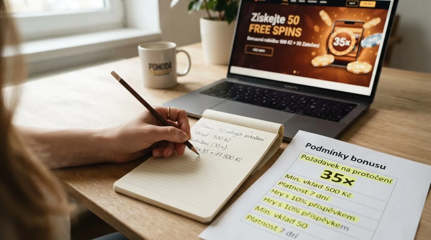 Kalkulačka a tužka na stole vedle vytištěných bonusových podmínek, na obrazovce otevřená stránka s promo nabídkou volných zatočení.