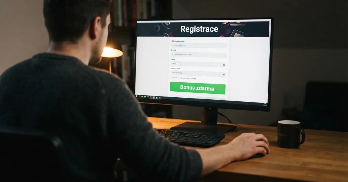 Hráč u počítače si prohlíží registrační formulář zahraničního online casina s nabídkou bonusu bez vkladu, na obrazovce je vidět nápis „registrace“ a „bonus zdarma“