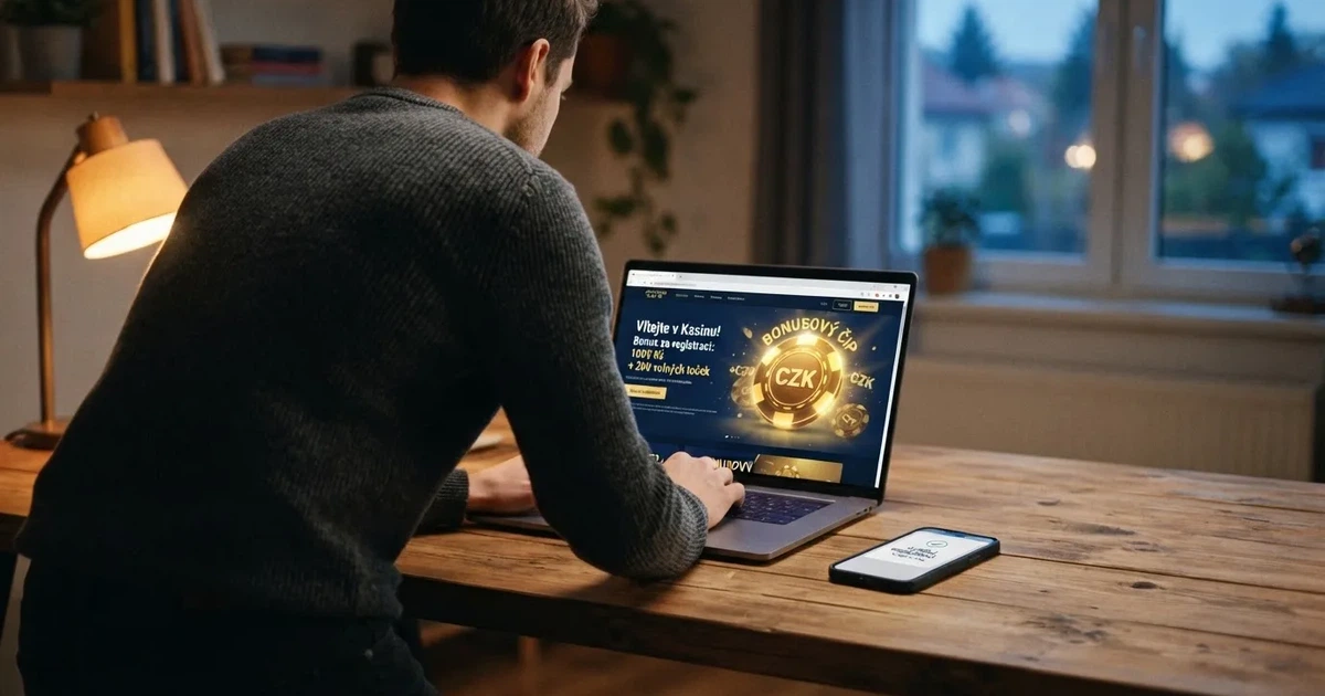 Hráč u notebooku si prohlíží nabídku registračního bonusu na stránce online casina, vedle leží mobilní telefon s potvrzovacím emailem.